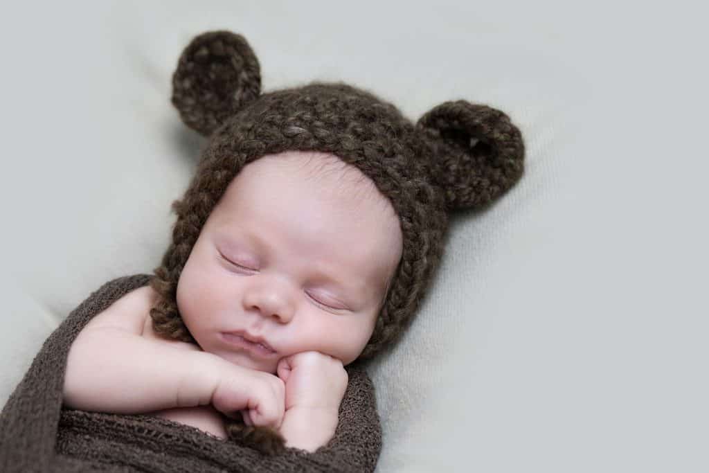 newborn snuggled in knitted bear hat - boston newborn