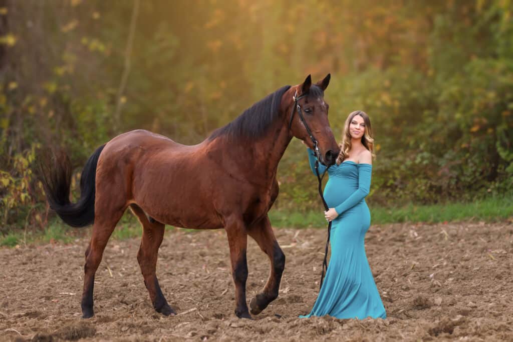 Windham NH Maternity in blue dress at horse farm standing in front of horse