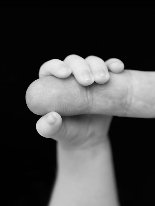 Boston Newborn Portrait of a newborn grasping father's finger.