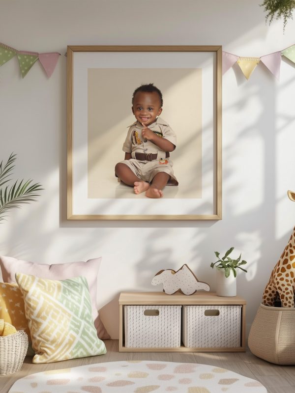 Baby Nursery bedroom of one year old with a portrait hanging on the wall of the cake smash portrait session. Boston Massachusetts home.