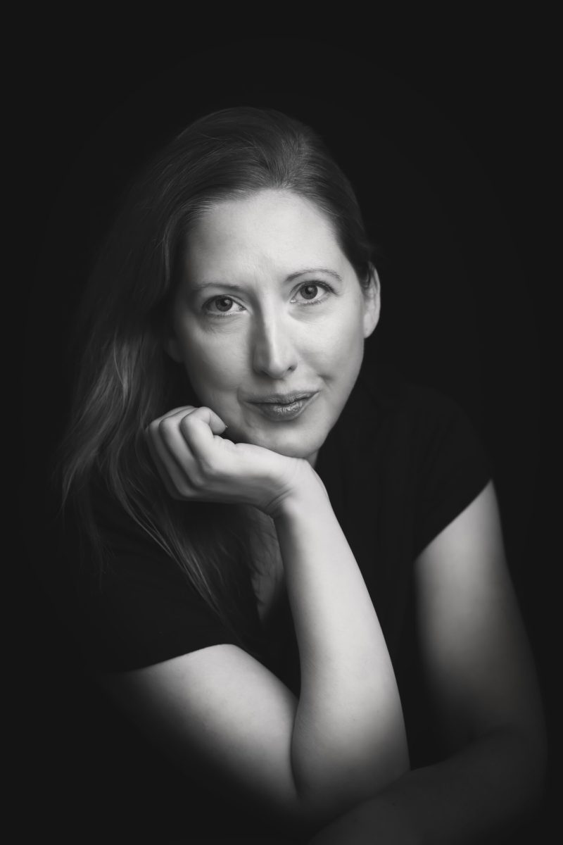 NH newborn photographer Danielle Bustamante headshot black and white