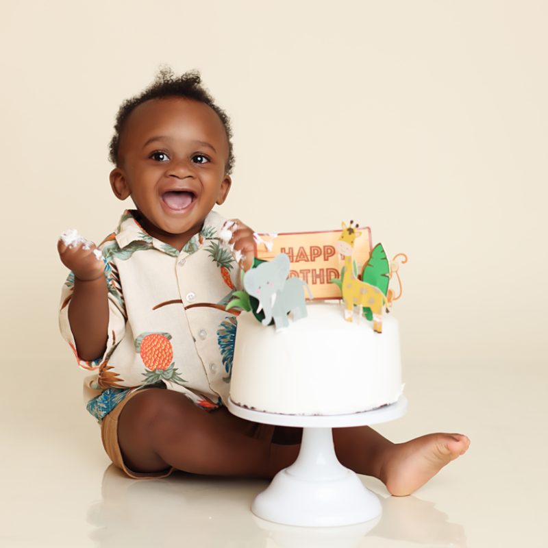 NH Cake Smash session of little boy dressed in safari outfit.