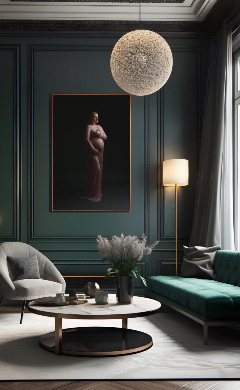 New Hampshire Living Room with a framed maternity portrait on the wall.